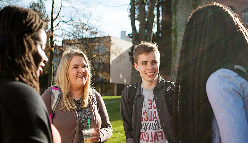 Undergraduate admissions, students talking on campus